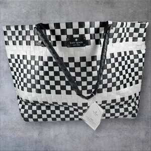 Kate Spade Extra Large Tote Bag Woven Checkered Black White NWT - Picture 1 of 17