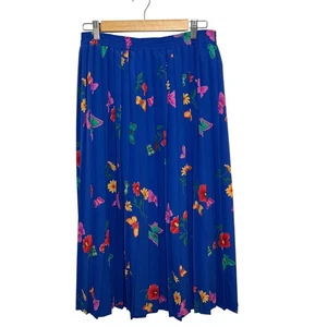 Vintage Pleated Midi Skirt Blue Floral Butterfly Print Elastic Waist Women's - Picture 1 of 8