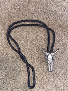 steer skull western silver tone bolo tie vintage cowboy rider metal leather - Picture 1 of 5