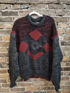 Vintage Forte Sweater Mens Red Gray Black Faux Leather Accents 100% Acrylic XL - Picture 1 of 8