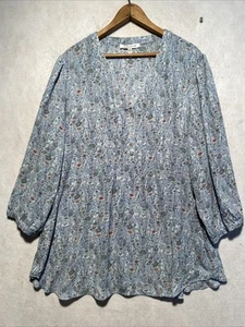 Rose & Olive Top Womens Plus 2X Blue Pintuck Floral Popover Blouse Flowy Boho - Picture 1 of 10