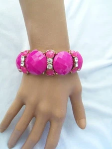 Vintage Purple/Pink & Crystal Acrylic Panel Wide Stretch Bracelet - Picture 1 of 7