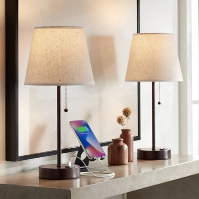 Justin Modern Accent Abajures de Mesa 18 1/4" Alto Conjunto de 2 Bronze Porta USB Quarto - Imagem 1 de 4