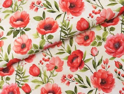 CANVAS Stoff feste Baumwolle Mohnblumen auf zarten GRÜN CREME EUR 16,98/m - Bild 1 von 2