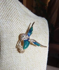 Humming bird pin; goldtone with green enamel & rhinestones from Roman; vintage - Picture 1 of 8