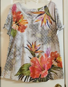 Time & Tru tunic top Cold shoulder tie sleeves Tropical Embellished Size XXL 20 - Picture 1 of 5