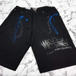 Men's Miskeen Jet Black Hand Painted Denim Shorts NWT - Picture 1 of 3