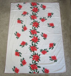 Vintage VERA Christmas Tablecloth Poinsettias White Red Green 77 x 58 Rectangle - Picture 1 of 3