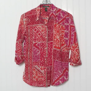 Lauren Ralph Lauren Bluse rot rosa Kragen 3/4 Arm Knopf Baumwolle M - Bild 1 von 8