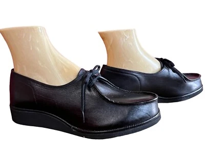 NOS 7 EW Black Vtg 70s Shoes Leather  Wedge Heel Soft Petals Tie 7 Extra Wide - Image 1 of 4