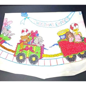 Vintage Embroidered Christmas Tablecloth 45.5” Round – Santa Trees Train Theme - Picture 1 of 10