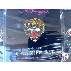 Ed Hardy King Sheet Set – Skulls, Cards, Tattoo Print – 6 Piece Bedding Set - Picture 1 of 6