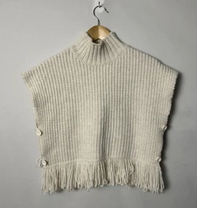 Anthropologie Sweater Poncho Womens XS Cream Knit Turtleneck Fringe Side Buttons - Picture 1 of 7