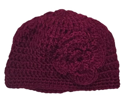 Beanie Crochet Handmade Flower Hat Women’s OS Burgundy Knit NEW - Image 1 of 4
