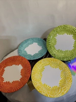 LAURIE GATES цветочный меламин обед тарелки комплект 4 желтый синий оранжевый зеленый 11 новый - Изображение 1 из 4