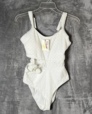 🆕 Traje de baño de una pieza Jessica Simpson para mujer con recorte sólido, blanco, talla mediana Foto 1 de 4