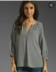 Joie Addie C Geo Wicker Cane Print Popover Blouse 100% Silk Sz XS White Black - Picture 1 of 9