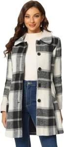 Abrigo largo a cuadros negro/blanco grande para mujer Buffalo Checks invierno cuello Peter Pan - Imagen 1 de 5