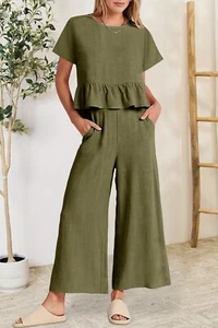 Peplum Round Neck Short Sleeve Top & Pants Set Green Ruffled Women's Small - Picture 1 of 3