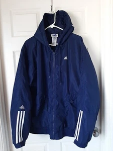 Mens Adidas Navy Quilted Hooded Jacket With 3 White Stripe Size XL - Picture 1 of 10