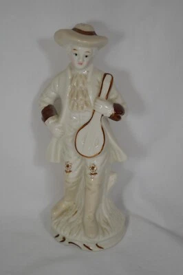 Vintage Ceramic Figure Bard playing a Mandolin Violin White Brown T57 - Image 1 of 4