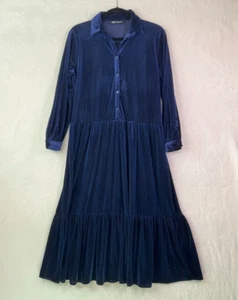 ZARA Maxikleid blau Samt Kragen Button Down Medium M Boho Stufen Langarm - Bild 1 von 10