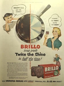 Almohadillas de jabón Brillo sartenes brillantes mitad del tiempo feliz ama de casa anuncio impreso vintage 1952 - Imagen 1 de 4