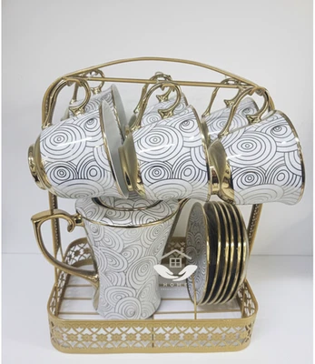 Stunning Set of 6 Tea Cups and Saucers Teapot with Stand: White/Grey Xmas Gift - Image 1 of 3