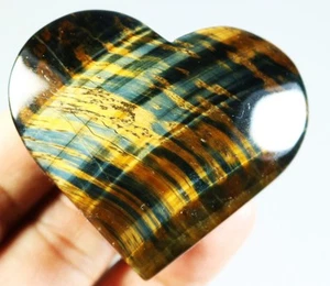 Natural Yellow/Blue Tiger's eye Stone Quartz Crystal Palm Stone Heart Specimen - Picture 1 of 15