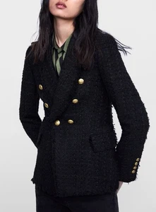 ZARA Women’s Black Tweed Fringed Hem Button Blazer Jacket Size Medium - Picture 1 of 13