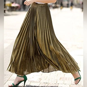 BCBGMAXAZRIA Estel gonna midi plissettata scintillante metallizzato nero oro vacanza tg. M - Foto 1 di 9