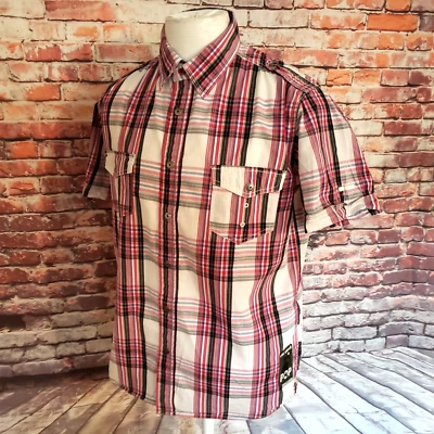 Camisa Western Masculina Blend Tamanho L Xadrez Branco Algodão Manga Curta Snap - Imagem 1 de 4