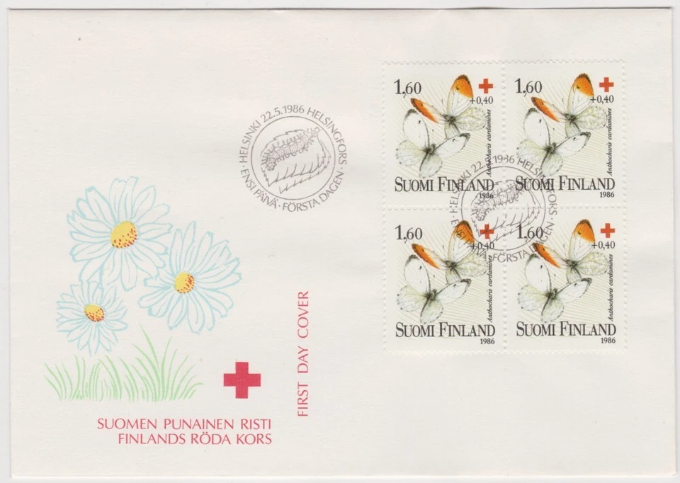 Finland FDC 1986, Red Cross, Orange Tip (Anthocharis cardamines), Block, Mint - Image 1 of 1