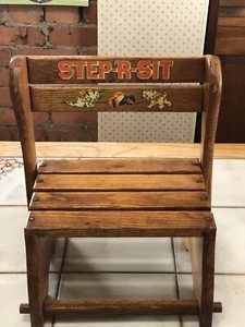 Vintage 1950s Wooden Step- R -Sit  / Original Vintage Finish  / Great Graphics - Picture 1 of 19