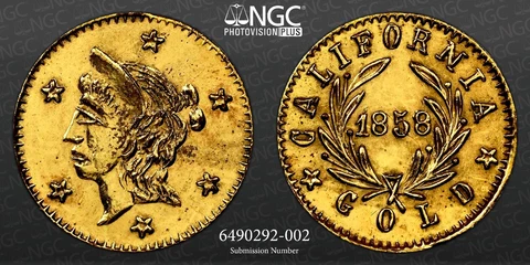 1858 CALIFORNIA GOLD TOKEN WREATH#5 ROUND 6 STARS 9.8mm NGC MS65DPL #6490292-002 Cover