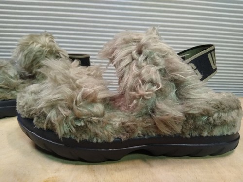 SANDALO DA DONNA UGG FLUFF ZUCCHERO BRUCIATO OLIVA IN PELLICCIA SINTETICA PLATEAU TAGLIA US 6 UK 4 NUOVO