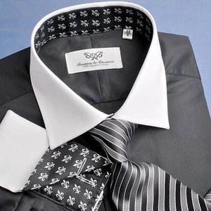 Black Poplin Formal Business Dress Shirt Luxury Contrast Cool White Cuff Design - Picture 1 of 12