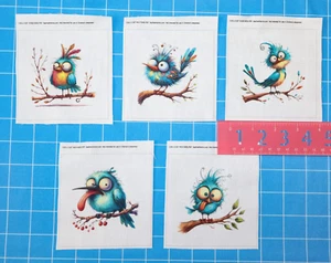 5 Stück 3 Zoll x 3 Zoll schrullige Vögel 100 % Baumwolle Quilten Nähen Stoff Panel Blöcke MP125 - Bild 1 von 5