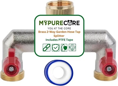 Garden Hose Splitter Brass 2-Way – 3/4" Outdoor Tap Connector with PTFE Tape - Image 1 of 4