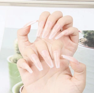 24 Pcs Long Press On Nails Water Pattern Fake Nails Long Coffin Gloss Full Cover - Picture 1 of 6
