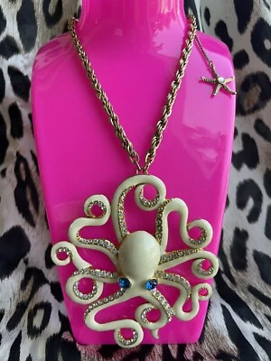 Betsey Johnson Vintage HUGE White Octopus Starfish Long Nautical Gold Necklace - Image 1 of 4