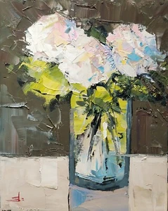 PINTURA AL ÓLEO FLORES BLANCAS VIVIVEK MANDALIA IMPRESIONISMO 16X20 ORIGINAL FIRMADA - Imagen 1 de 4