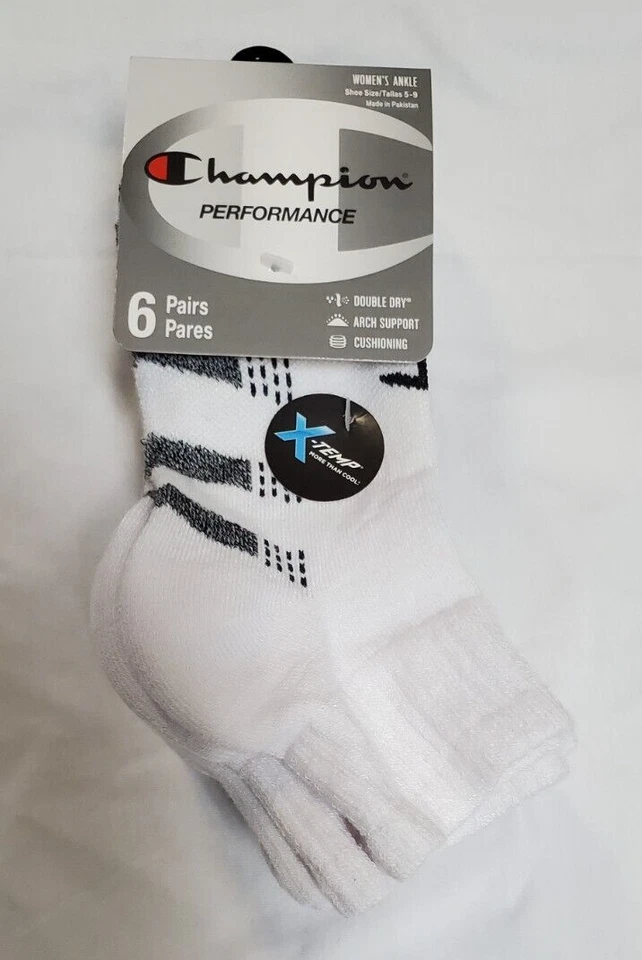 Champion Women's Ankle Socks 6 Pair Performance X-Temp White W Black Size 5-9