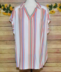 EVRI Women's Colorful Striped Sleeveless V-Neck Blouse Top Plus Size 1X Hi-Low C - Picture 1 of 10
