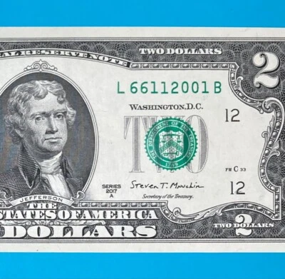 TRAILING YEAR 2001 (L 6611 2001 B) $2 Two Dollar Bill Serial Number 2017A *UNC* - Image 1 of 4