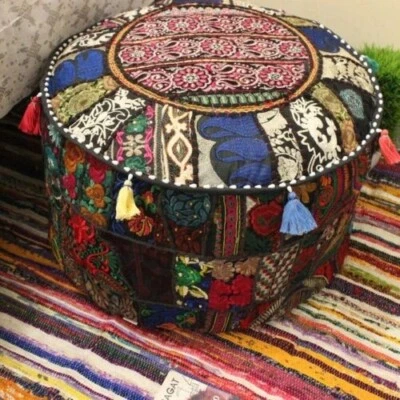 Patchwork Embroidered Round Indian Pouf Ottoman Foot Stool Moroccan pouffe Art - Image 1 of 2