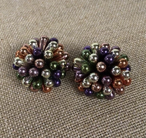 Vintage Cluster Clip On Earrings Metallic Multi Color Party - Picture 1 of 3