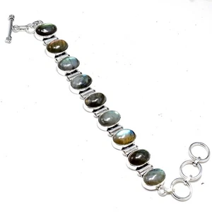Pulsera de cadena hecha a mano con piedras preciosas de labradorita natural de plata de ley 925 - Imagen 1 de 4