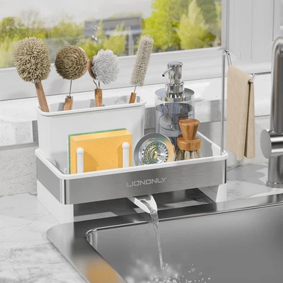 Soporte de esponja para fregadero de cocina, carrito de fregadero de acero inoxidable 304 con drenaje automático T Foto 1 de 4