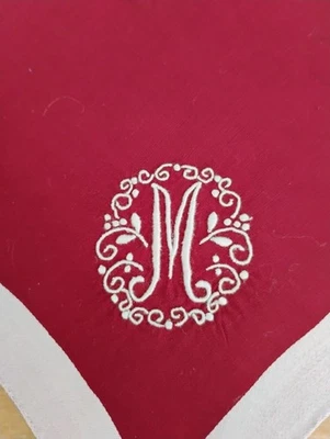 Vgt M Monogram Cream Embroidery On Burgundy Cotton Blend Hankie Handkerchief - Image 1 of 3